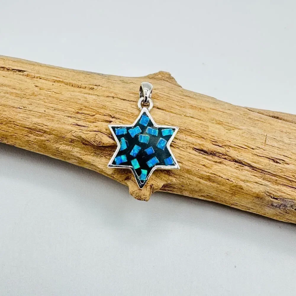 Sterling Silver Mosaic Lab Opal Star of David Pendant, Jewish Star